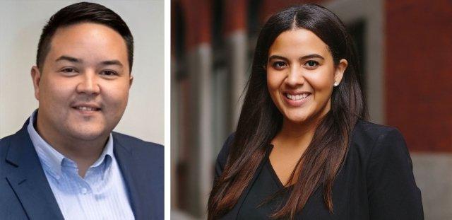 Side-by-side headshots of RIC Director of Alumni Relations Tiffany Ovalles '18 and Alumni Association President Kevin San '12, MPA '13